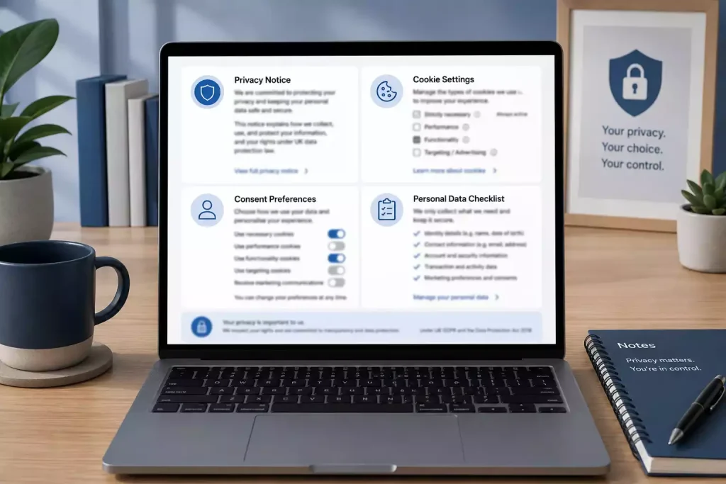 Privacy notice, cookie settings and personal data checklist on a laptop