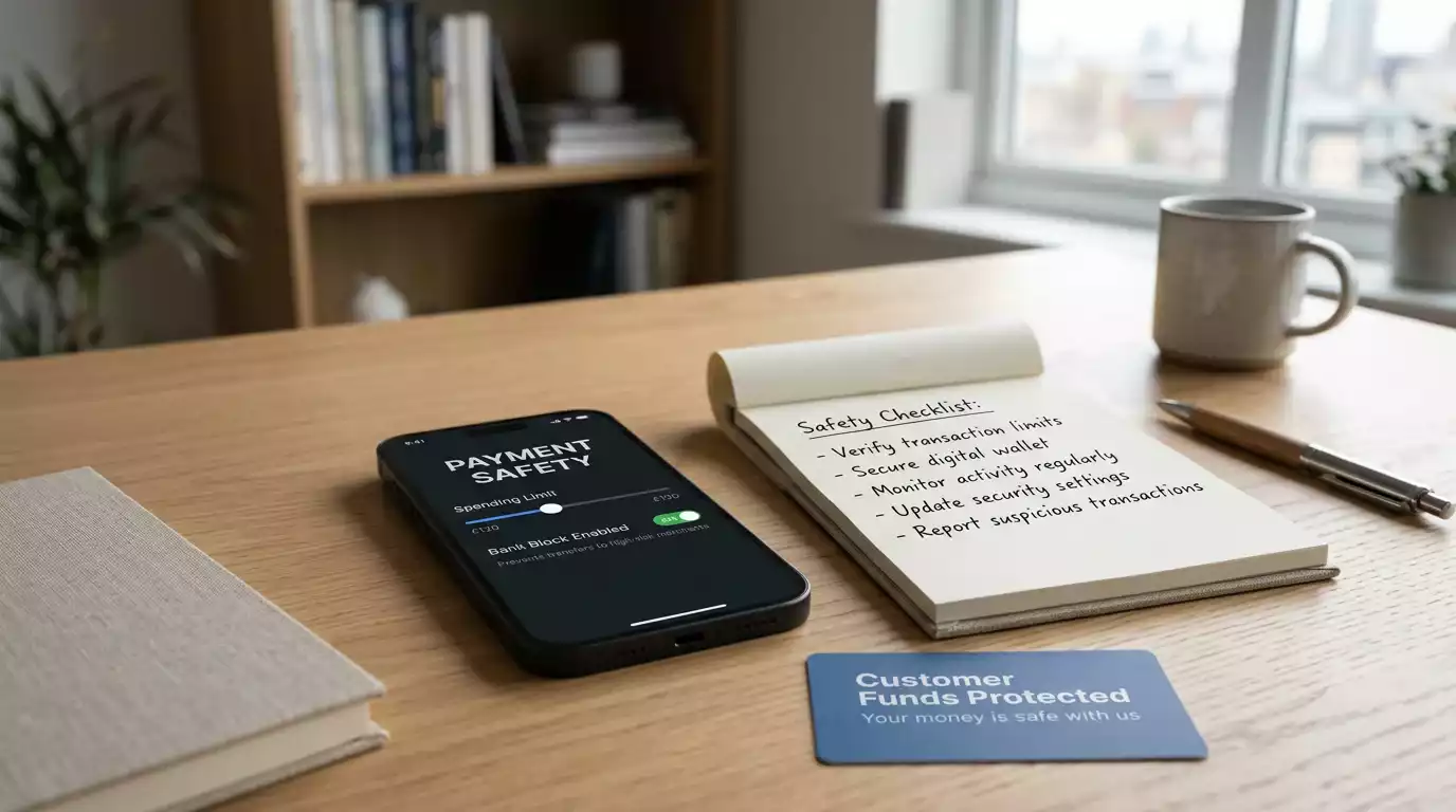 Wallet, limit control and customer funds notes arranged as a calm financial checklist