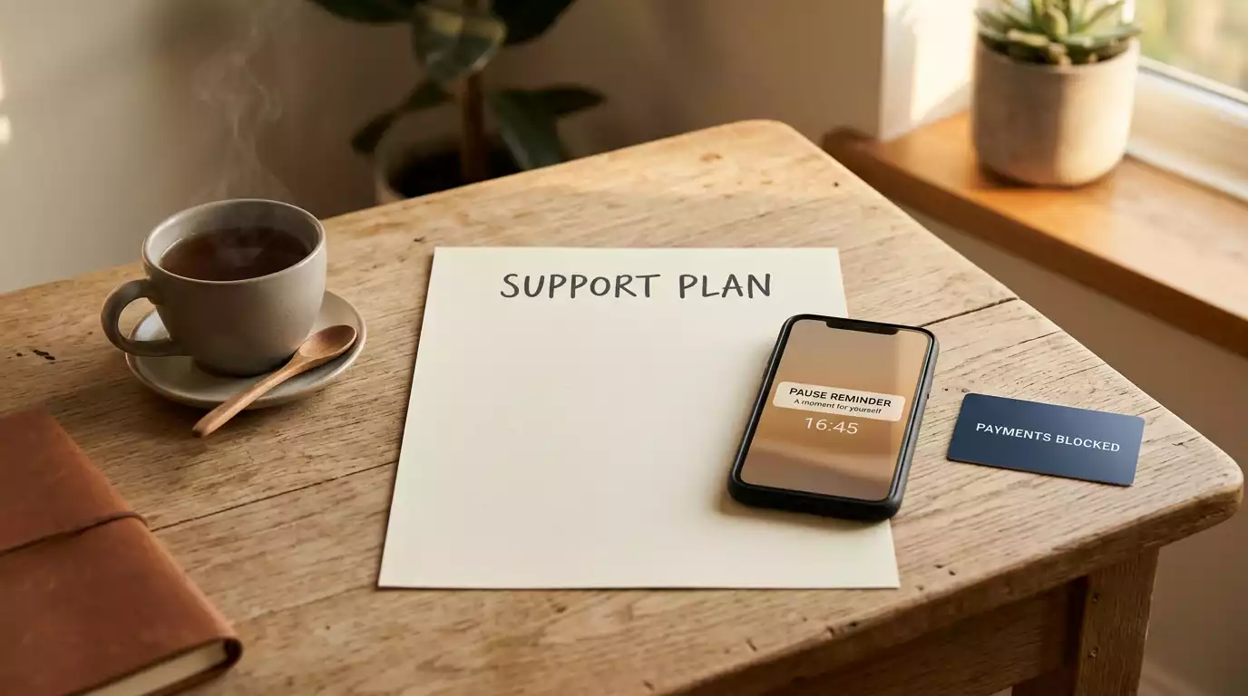 Support plan with bank block, self-exclusion and pause reminders on a calm desk