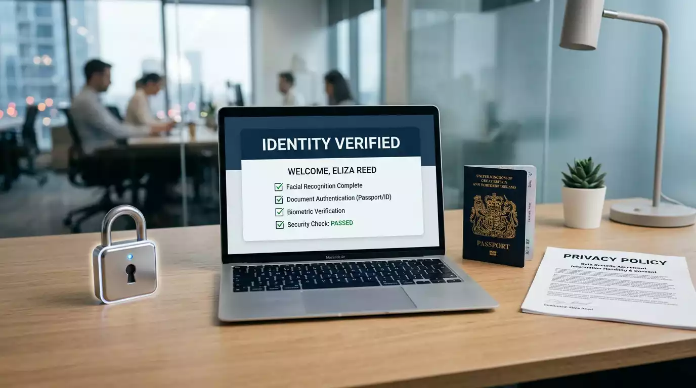 Identity document, privacy notice and account checklist shown on a tidy desk