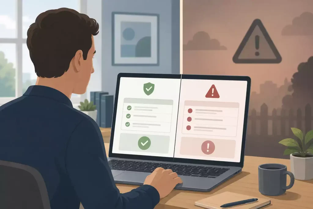 Person checking gambling licence information beside a clear safety boundary