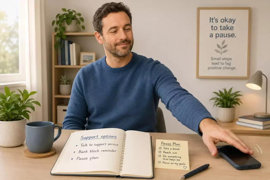 Person pausing with phone aside while support options and bank block reminders are visible