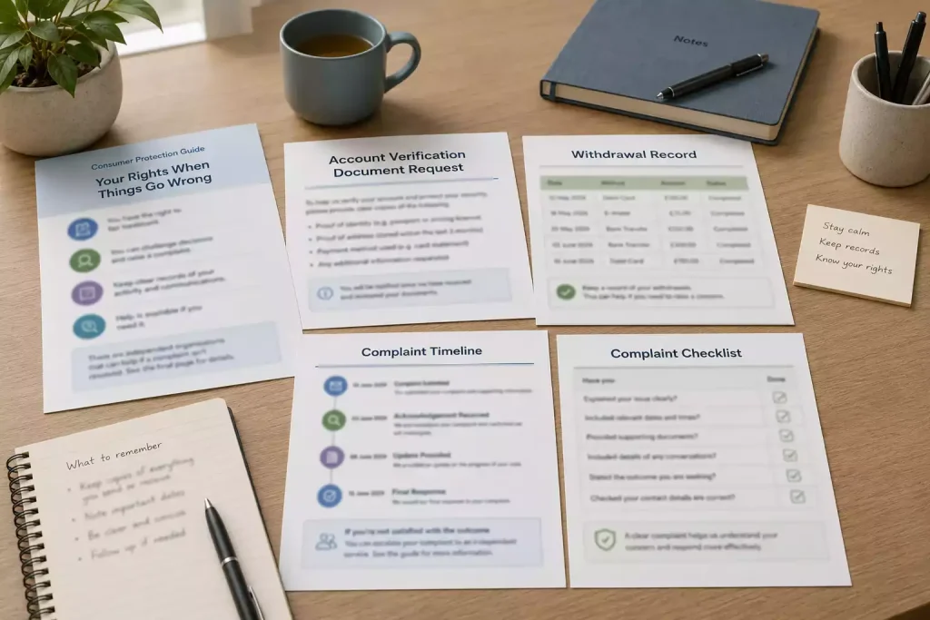 Account documents, withdrawal record and complaint route arranged on a desk
